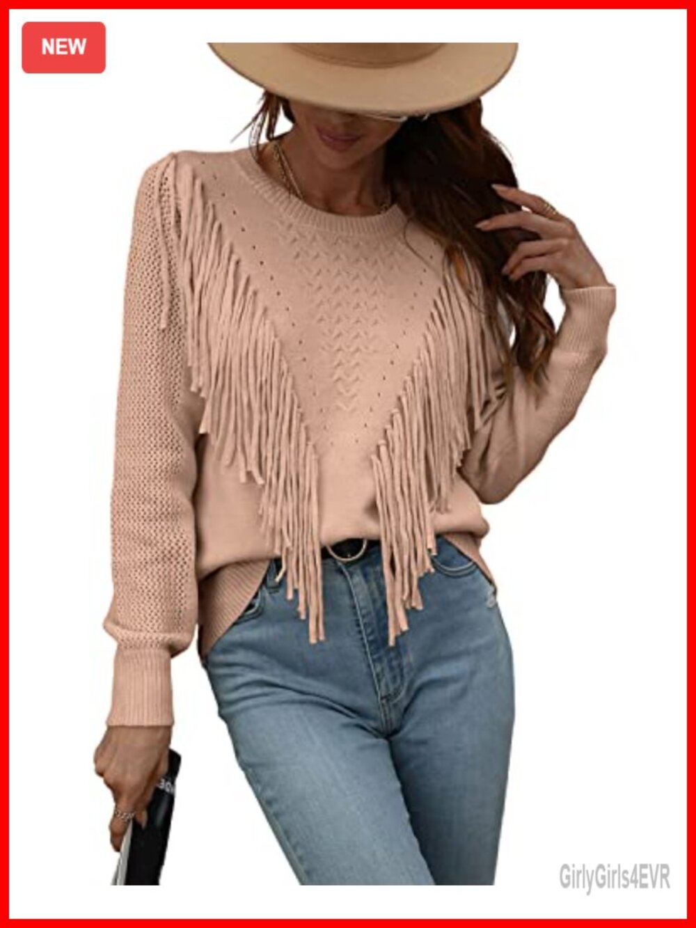 Women Fringe Tassel Knitted Pullover Sweater Crewneck Loose Fit